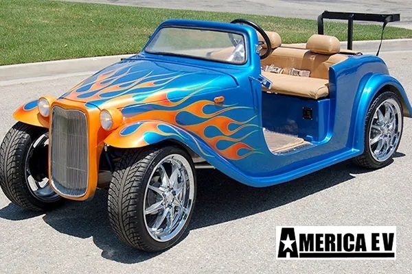 Blue California Roadster with Orange Flames affordable golf cart rental, golf cart rent doral