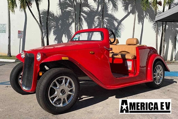 Red America EV California Roadster 4 Passenger Golf Cart affordable golf cart rental, golf cart rent doral