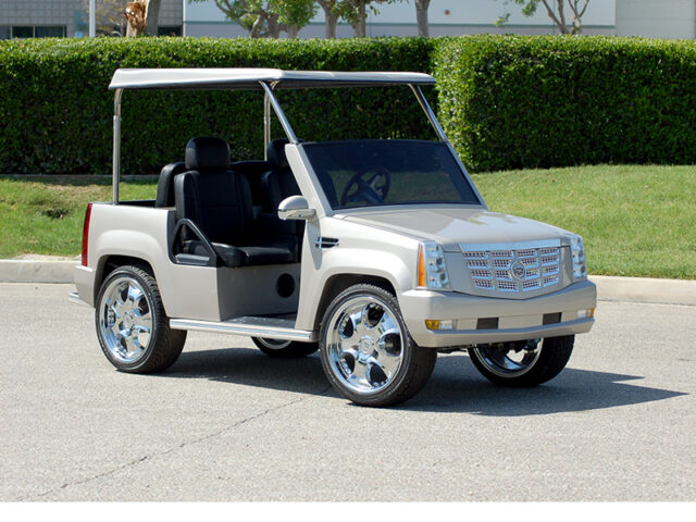 Silver Escalade Golf Cart With Roof and Custom Wheels affordable golf cart rental, golf cart rent doral