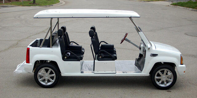 White Escalade Limo Golf Cart affordable golf cart rental, golf cart rent doral